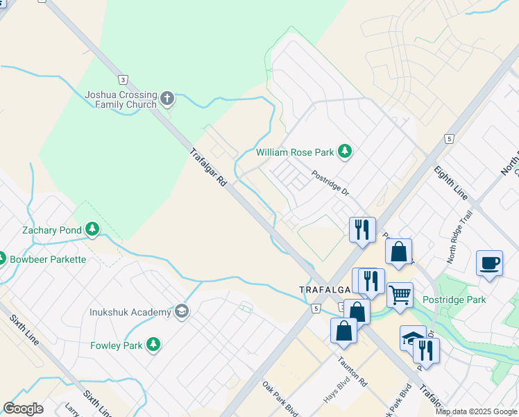 map of restaurants, bars, coffee shops, grocery stores, and more near 345 Wheat Boom Drive in Oakville