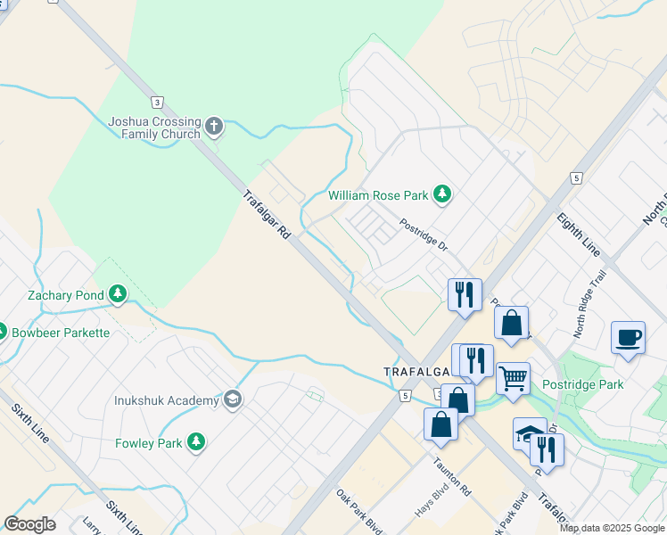 map of restaurants, bars, coffee shops, grocery stores, and more near 345 Wheat Boom Drive in Oakville