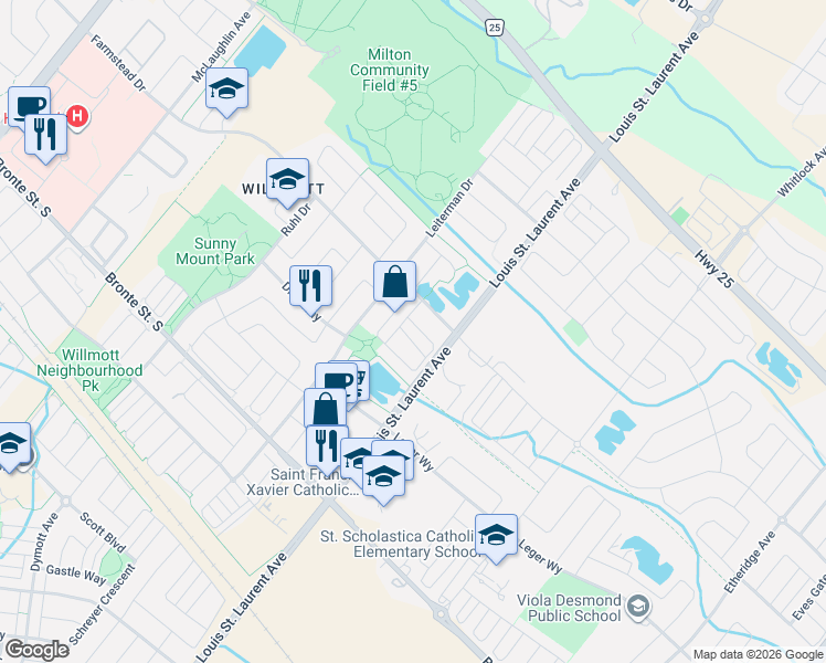 map of restaurants, bars, coffee shops, grocery stores, and more near 525 Cavanagh Lane in Milton