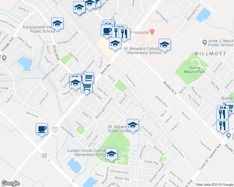 map of restaurants, bars, coffee shops, grocery stores, and more near 164 McDougall Crossing in Milton
