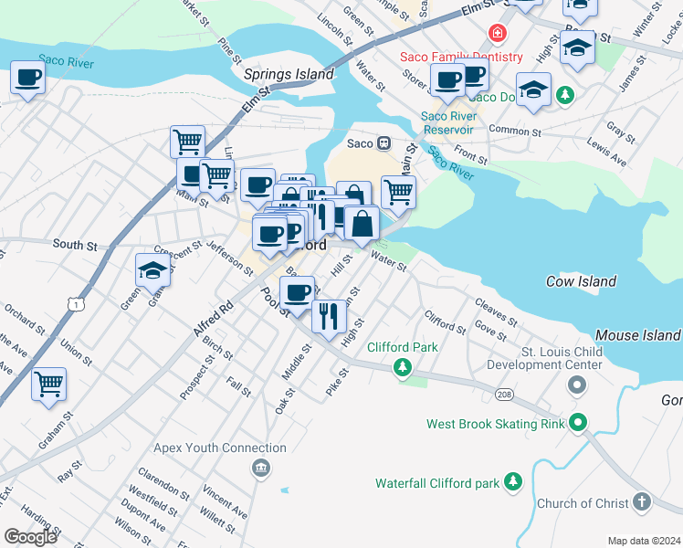 map of restaurants, bars, coffee shops, grocery stores, and more near 19 Sullivan Street in Biddeford