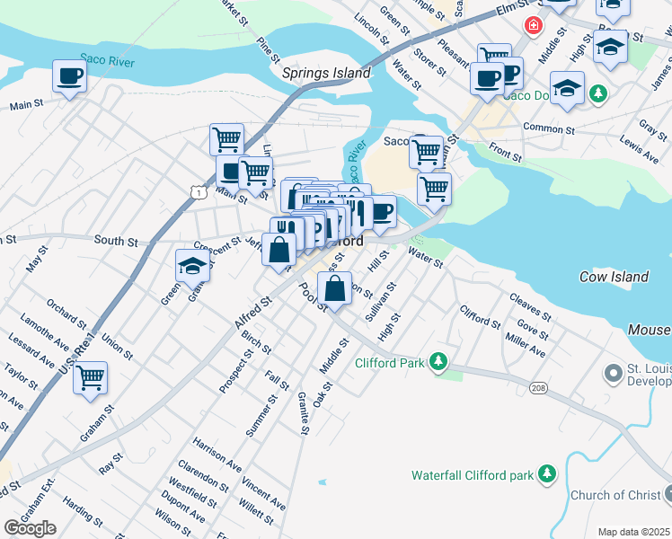 map of restaurants, bars, coffee shops, grocery stores, and more near 11 King Street in Biddeford