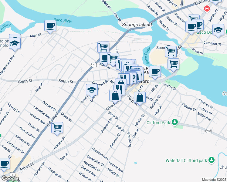 map of restaurants, bars, coffee shops, grocery stores, and more near 100 Alfred Street in Biddeford