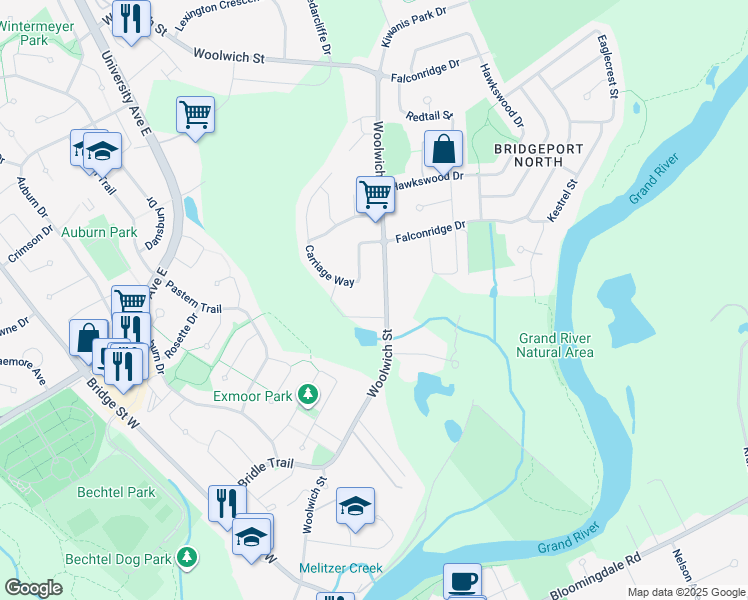 map of restaurants, bars, coffee shops, grocery stores, and more near in Kitchener