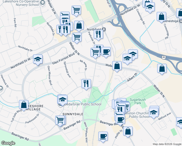 map of restaurants, bars, coffee shops, grocery stores, and more near 525 Parkside Drive in Waterloo