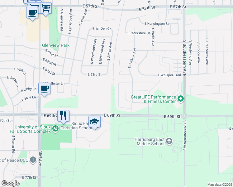 map of restaurants, bars, coffee shops, grocery stores, and more near Meadowside Place in Sioux Falls