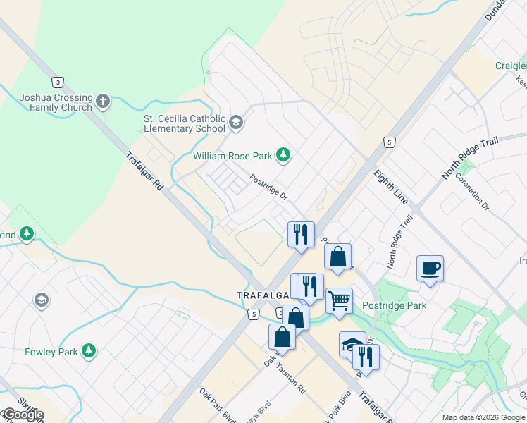 map of restaurants, bars, coffee shops, grocery stores, and more near 400 Athabasca Common in Oakville