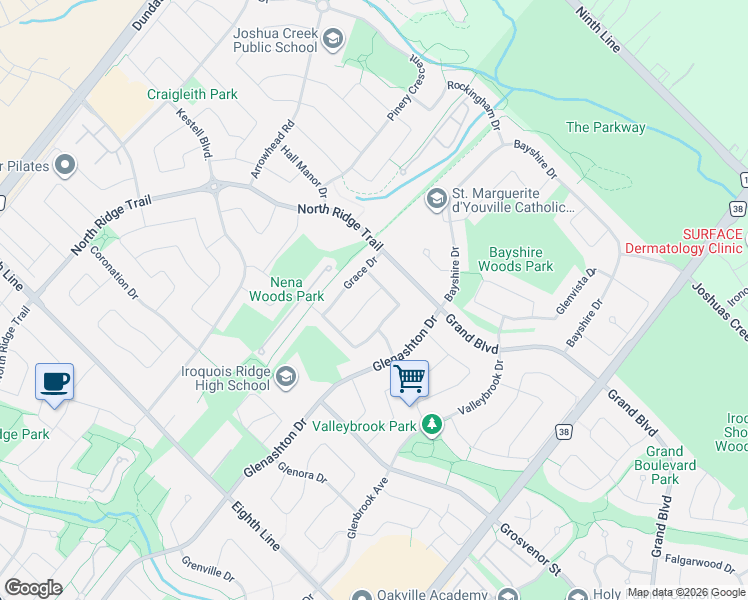 map of restaurants, bars, coffee shops, grocery stores, and more near 1190 Lindenrock Drive in Oakville