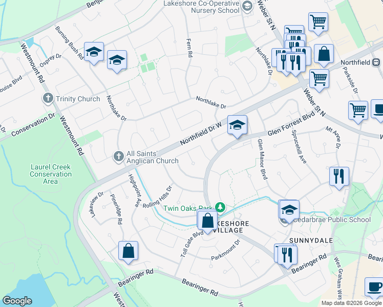 map of restaurants, bars, coffee shops, grocery stores, and more near 564 Elm Ridge Place in Waterloo