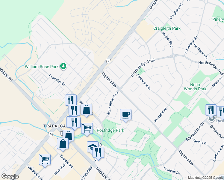 map of restaurants, bars, coffee shops, grocery stores, and more near 2494 Nichols Drive in Oakville