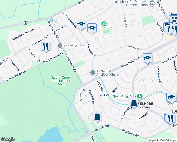 map of restaurants, bars, coffee shops, grocery stores, and more near 103 Cornerbrook Crescent in Waterloo