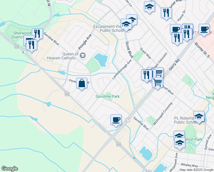 map of restaurants, bars, coffee shops, grocery stores, and more near Landsborough Avenue in Milton