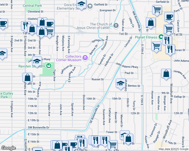map of restaurants, bars, coffee shops, grocery stores, and more near 745 Linden Drive in Idaho Falls