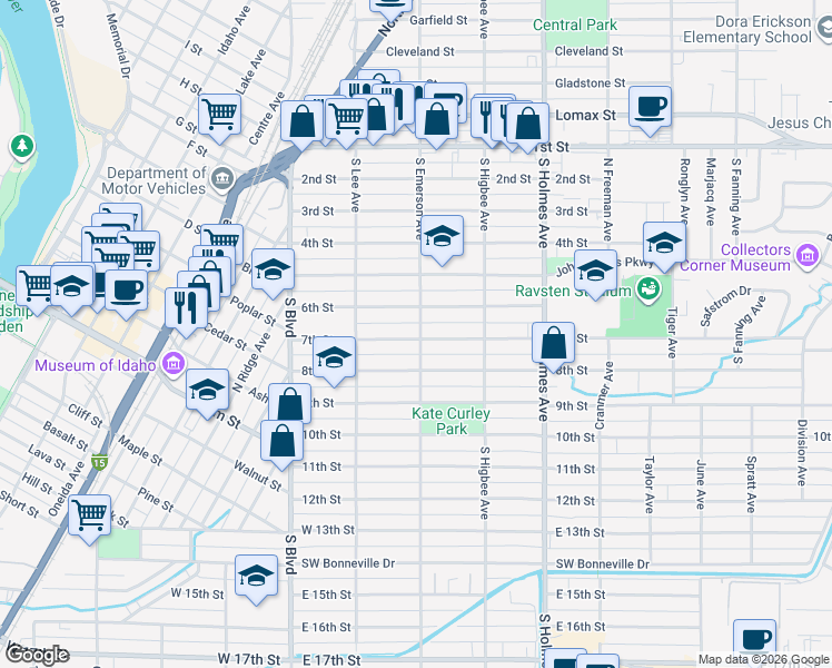 map of restaurants, bars, coffee shops, grocery stores, and more near 295 8th Street in Idaho Falls