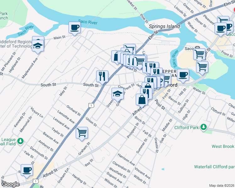map of restaurants, bars, coffee shops, grocery stores, and more near 25 Graham Street in Biddeford