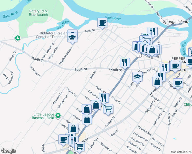 map of restaurants, bars, coffee shops, grocery stores, and more near 34 Orchard Street in Biddeford