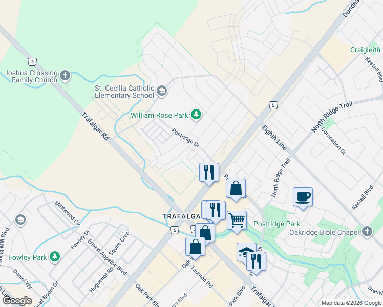 map of restaurants, bars, coffee shops, grocery stores, and more near 3089 Cascade Common in Oakville