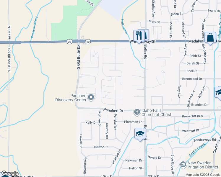 map of restaurants, bars, coffee shops, grocery stores, and more near Periska Way in Idaho Falls