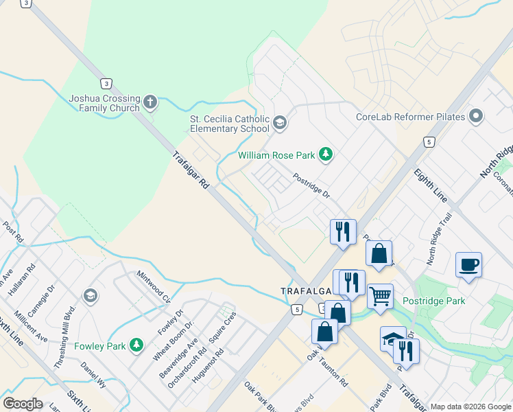 map of restaurants, bars, coffee shops, grocery stores, and more near 349 Wheat Boom Drive in Oakville