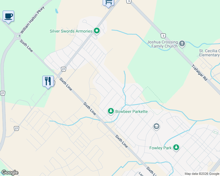 map of restaurants, bars, coffee shops, grocery stores, and more near 3406 Post Road in Oakville