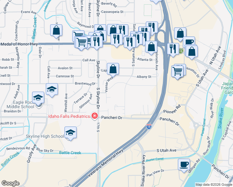 map of restaurants, bars, coffee shops, grocery stores, and more near 1551 Dartmouth Dr in Idaho Falls