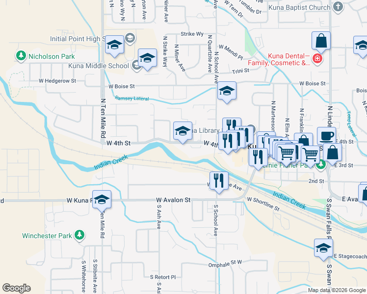 map of restaurants, bars, coffee shops, grocery stores, and more near 911 West 4th Street in Kuna