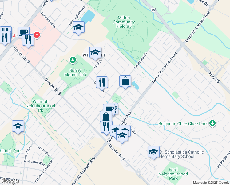 map of restaurants, bars, coffee shops, grocery stores, and more near Leiterman Drive in Milton
