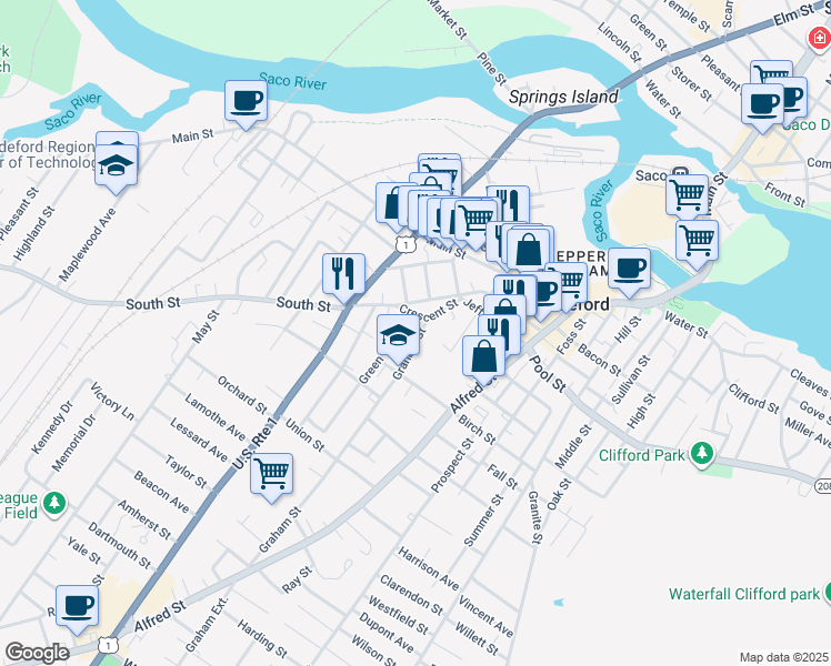map of restaurants, bars, coffee shops, grocery stores, and more near 17 Green Street in Biddeford
