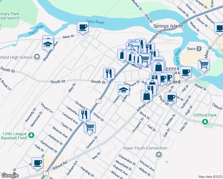 map of restaurants, bars, coffee shops, grocery stores, and more near in Biddeford