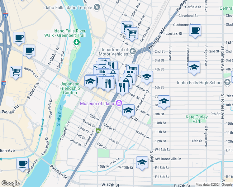 map of restaurants, bars, coffee shops, grocery stores, and more near 401 Yellowstone Avenue in Idaho Falls