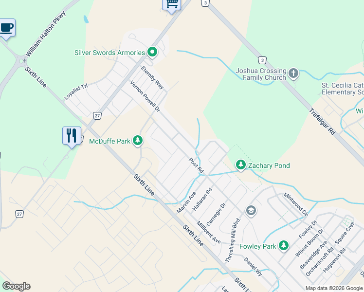 map of restaurants, bars, coffee shops, grocery stores, and more near 3395 Post Road in Oakville