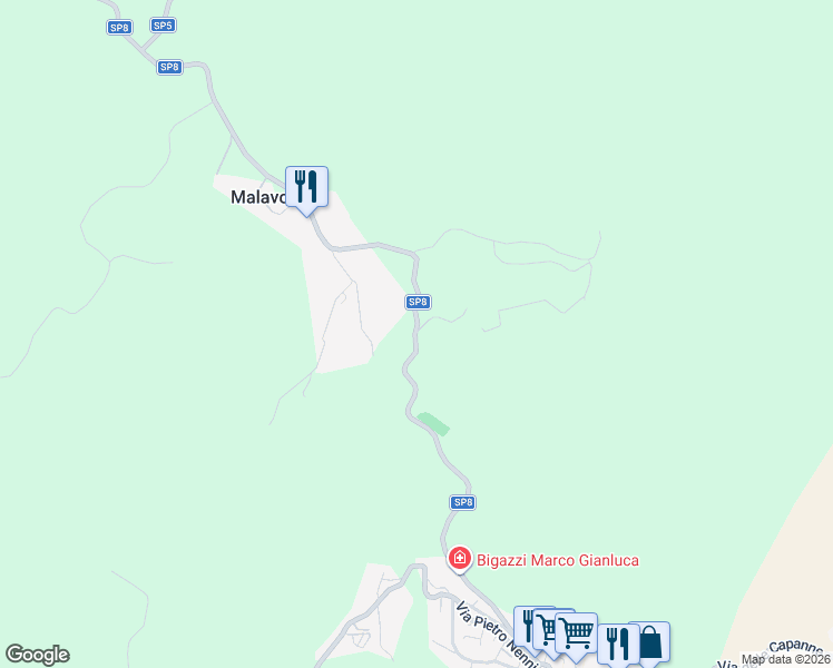 map of restaurants, bars, coffee shops, grocery stores, and more near Strada Provinciale 8 in Livorno