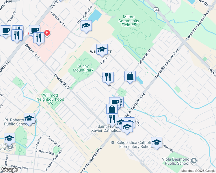map of restaurants, bars, coffee shops, grocery stores, and more near 984 Dice Way in Milton