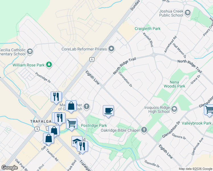 map of restaurants, bars, coffee shops, grocery stores, and more near 2616 North Ridge Trail in Oakville