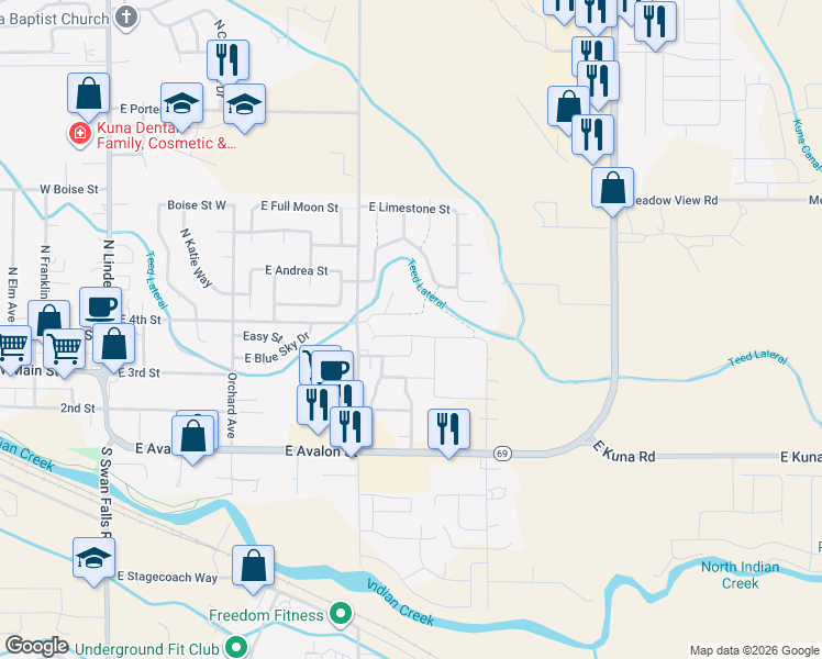map of restaurants, bars, coffee shops, grocery stores, and more near 930 East 4th Street in Kuna