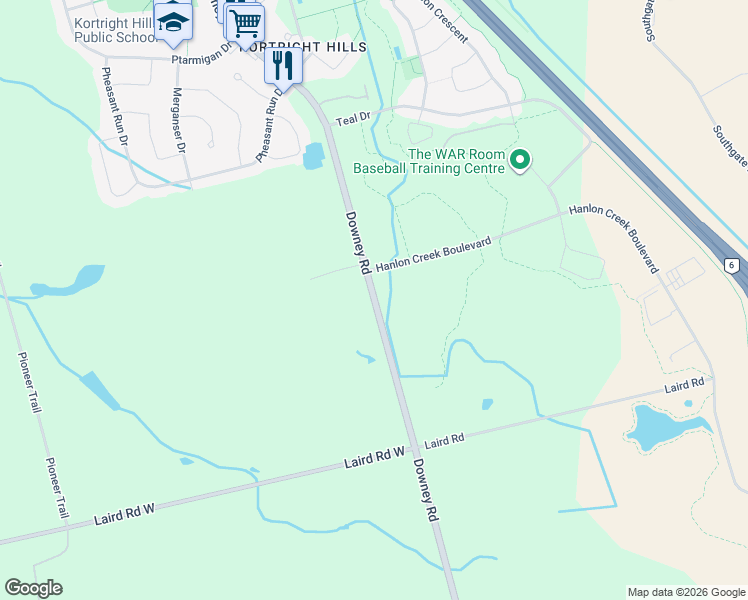 map of restaurants, bars, coffee shops, grocery stores, and more near Downey Road in Guelph