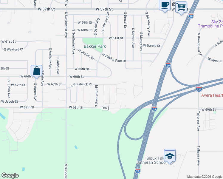 map of restaurants, bars, coffee shops, grocery stores, and more near 5828-5840 South Prestwick Place in Sioux Falls