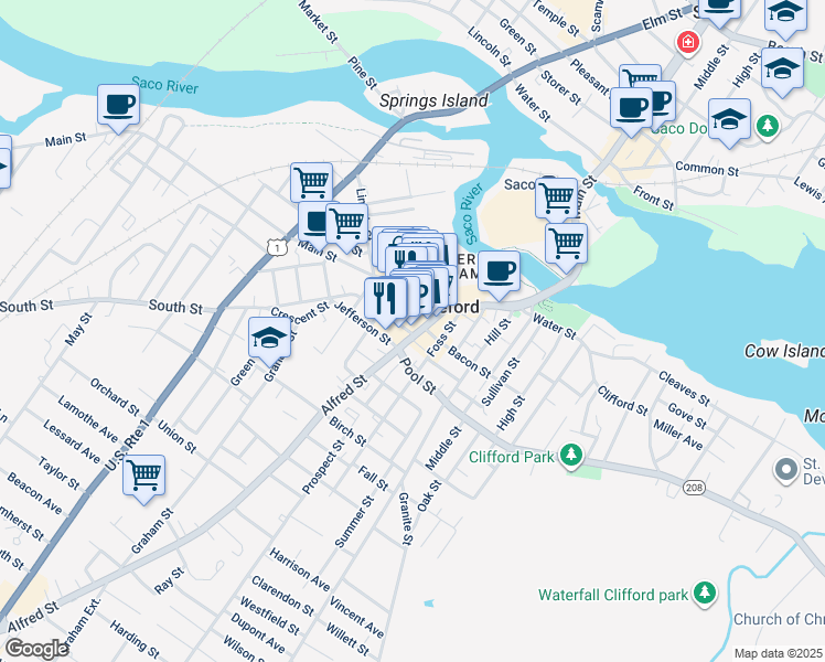 map of restaurants, bars, coffee shops, grocery stores, and more near 27 Washington Street in Biddeford