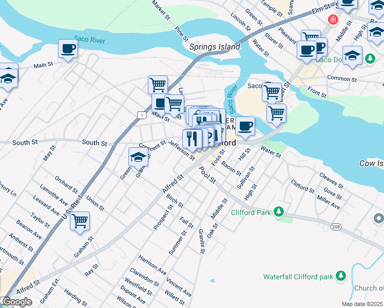 map of restaurants, bars, coffee shops, grocery stores, and more near 27 Washington Street in Biddeford