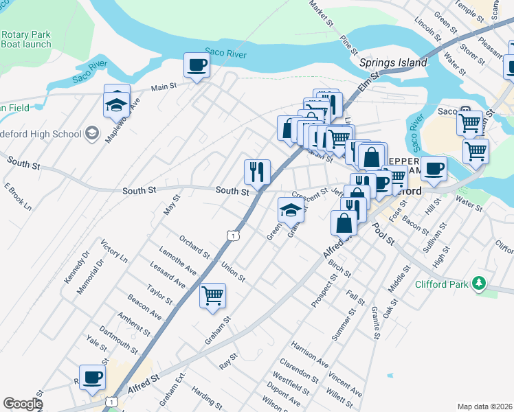 map of restaurants, bars, coffee shops, grocery stores, and more near in Biddeford