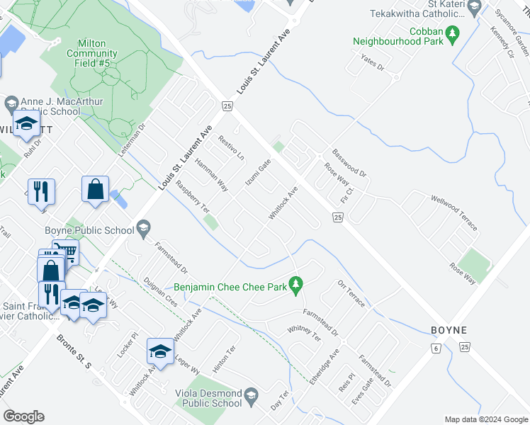 map of restaurants, bars, coffee shops, grocery stores, and more near in Milton