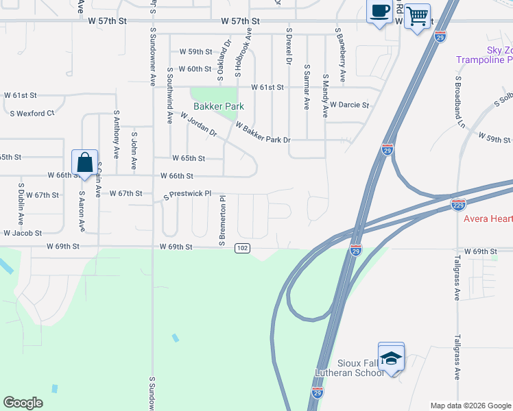 map of restaurants, bars, coffee shops, grocery stores, and more near 5828-5840 South Prestwick Place in Sioux Falls