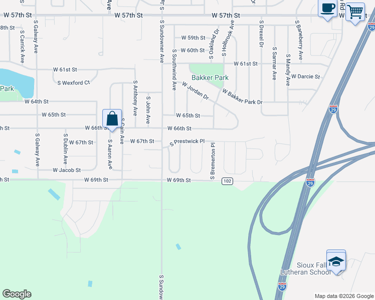 map of restaurants, bars, coffee shops, grocery stores, and more near 6042-6070 S Prestwick Pl in Sioux Falls