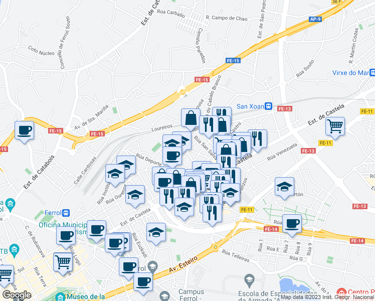 map of restaurants, bars, coffee shops, grocery stores, and more near in Ferrol