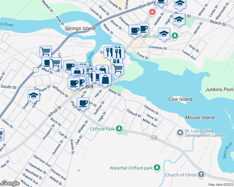 map of restaurants, bars, coffee shops, grocery stores, and more near 1 High Street in Biddeford