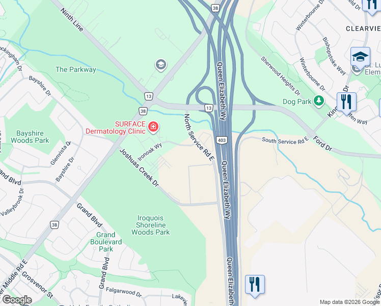 map of restaurants, bars, coffee shops, grocery stores, and more near 1663 North Service Road East in Oakville