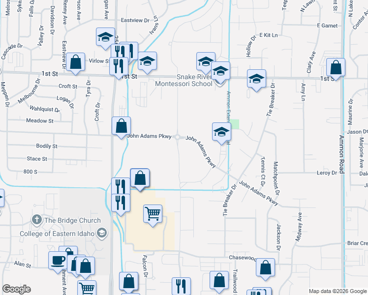 map of restaurants, bars, coffee shops, grocery stores, and more near 2959 John Adams Pkwy in Ammon