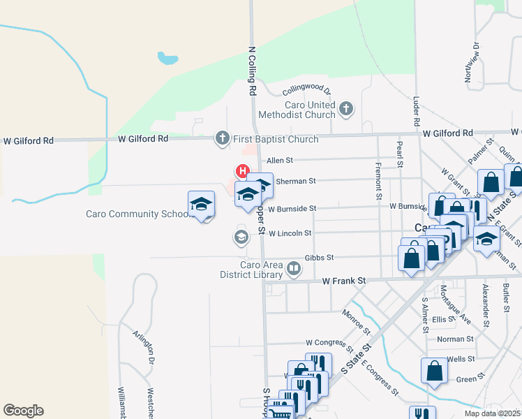 map of restaurants, bars, coffee shops, grocery stores, and more near 301 North Hooper Street in Caro