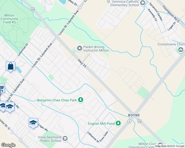 map of restaurants, bars, coffee shops, grocery stores, and more near 6200 Regional Road 25 in Milton