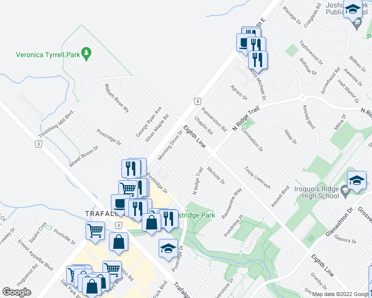 map of restaurants, bars, coffee shops, grocery stores, and more near 2538 Nichols Drive in Oakville